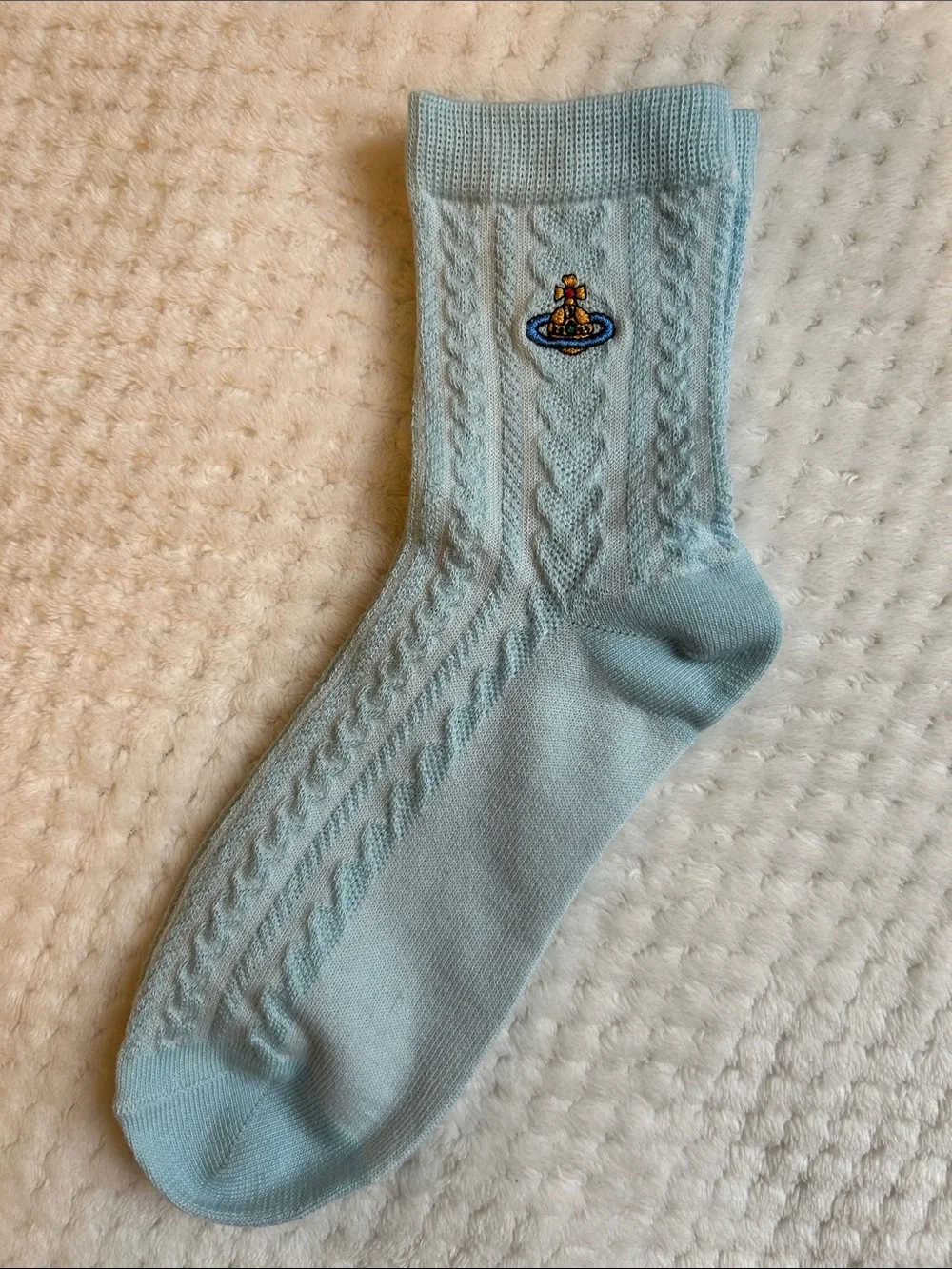 NWOT Vivienne Westwood Unisex Cable-Knit Crew Socks With Orb Logo - Pastel Blue